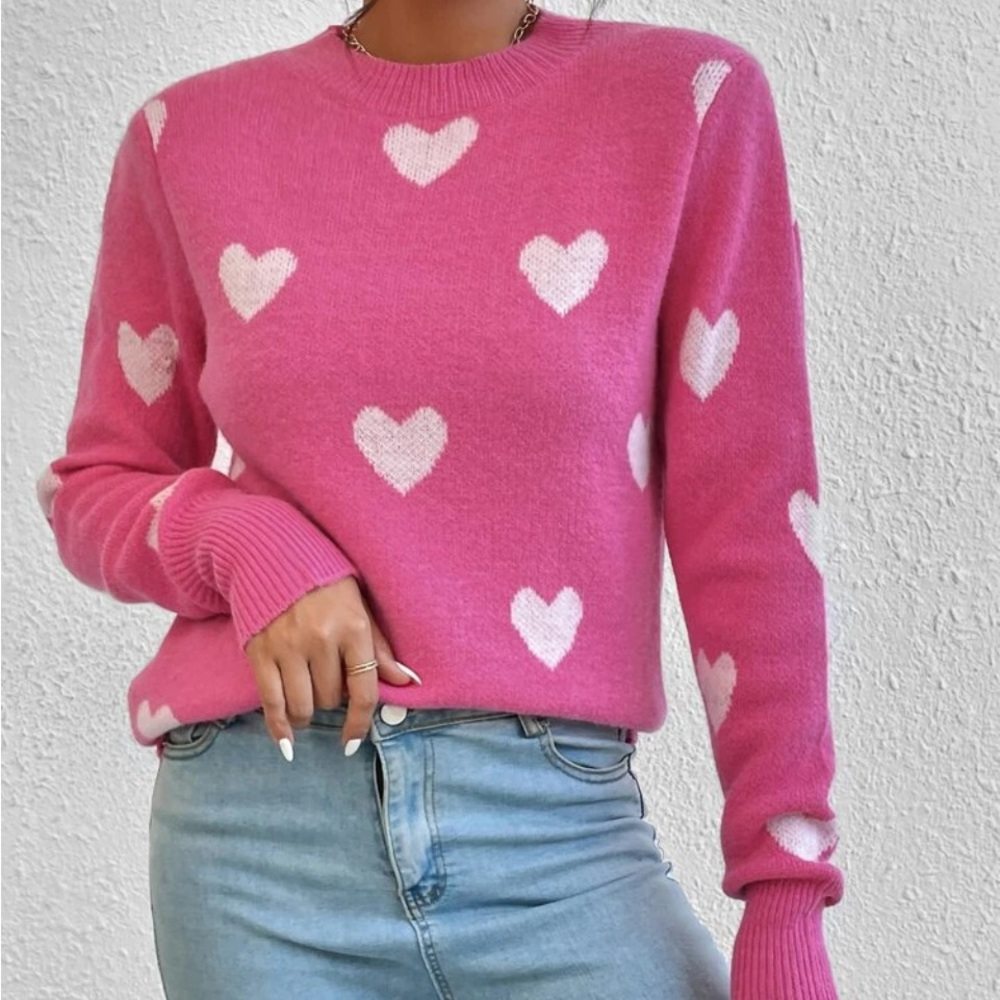 New pink heart print long sleeve sweater - Picture 2 of 6